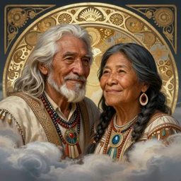 portrait of an indigenous amazonian grandfather and grandmother in the clouds, smiling, protection, benevolence, ancestors, detailed faces, deep focus, d & d, fantasy, intricate, elegant, highly detailed, digital painting, artstation, concept art, matte, sharp focus, illustration, hearthstone, art by artgerm and greg rutkowski and alphonse mucha