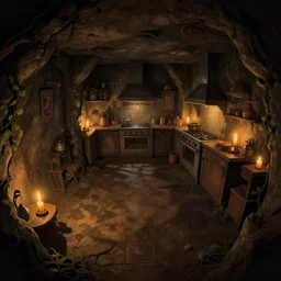 night, volumetric shadows, volumetric candle lighting, underground basement, dark walls, fisheye, naive, extra narrow, detailed illustration of a kitchen, large floor, dungeon lighting by rhads from lorax movie, trending artstation, vines crawling, tavern