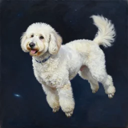 a white labradoodle floats in space in the style of alex grey, oil painting