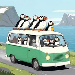 a family of puffins traveling through iceland in a van, comic style