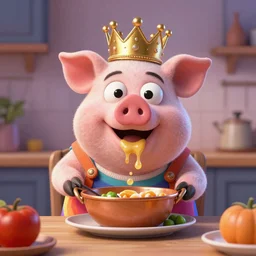 rainbow pig wearing a gold crown as a Muppet cooking dinner 8k