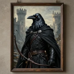 portrait of a raven species humanoid rogue archer. he is wearing a vantablack cloak and is looking valiant. portrait hung up in a windows 9 8 castle. r / oldschoolfantasy