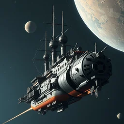 of 3 / 4 side view perspective of a historical inspired futuristic metal greebles victorian era war ship as a massive spacepunk futuristic spaceship with cyberpunk futuristic aesthetics, as it travels through space, planets in the background by john.