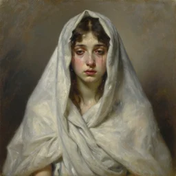 loose portrait of a sad fragile beautiful girl covered in fabric, wet drapery, greek, alla prima, oil painting, by sargent and john larriva