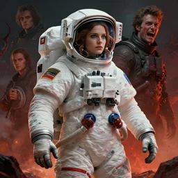 concept art, a beautiful highly detailed astronaut lady want to leave hell, realistic shaded lighting poster by ilya kuvshinov, magali villeneuve, artgerm, jeremy lipkin and michael garmash and rob rey