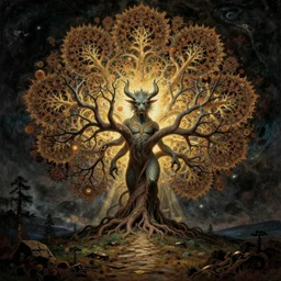 an ancient creature, by asaf hanuka, by caspar david friedrich, by zdzisław beksinski, chinese art, soviet art, dichromatism, full frame, divine, powerful, accent lighting, on path to enlightenment, tree of life of fractals