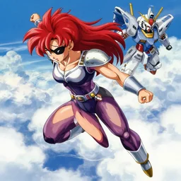 a photo of a female saiyan warrior, red hair, wearing an eye patch covering, pirate, flying in the clouds, saiyan armor, 4 k uhd, portrait, by makoto shinkai, gundam, dragon ball z, spirited away, detailed, mindblowing