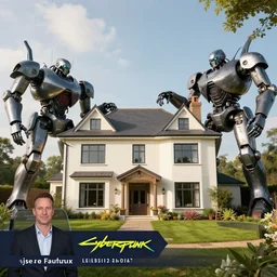 cyberpunk, an estate agent listing external photo of a 5 bedroom detached house in the countryside, giant robots, by Paul Lehr, highly detailed, photorealistic, 8k, anamorphic, cinestill cinematrography