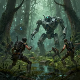 guerrillas reed - people fighting robot in futuristic spiritual mystical post apocalyptic swampy forest drawn by ron gilbert, dim painterly volumetric aquatic lighting, scenic, beautiful, crisp, artstation, highly detailed