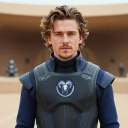 medium face shot of adult Austin Butler with exposed head, dressed in black-prussian blue futuristic-tudoresque clothing with embroidered-Ram-emblem, and nanocarbon-vest, in an arena in Dune 2021, XF IQ4, f/1.4, ISO 200, 1/160s, 8K
