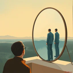 a man looking into a giant mirror, by alex toth, edward hopper, limited neutral palette, by pascal campion, petros afshar, anton fadeev, dean ellis, randolph stanley hewton, beautiful graphic, propaganda poster art 1 9 7 0 s illustrated advertising art, painterly design
