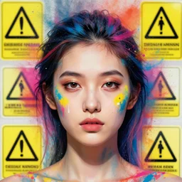 portrait of a beautiful girl, intimate, beautiful face, rule of thirds, face symmetry, colourful spray paint splatters, health and safety decals spotlight, expressive, passionate, by greg rutkowski, by jeremy mann, by francoise nielly, 4 k, 8 k, correct body proportion