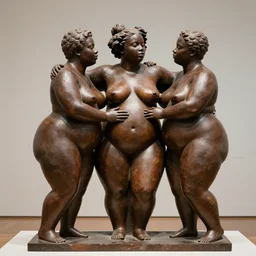 sculpture of 3 beautiful sensual fat black people touching together, museum piece