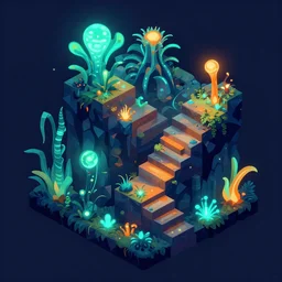 concept 2 d game asset, isometric staircase blocks, organic isometric design, bioluminescent alien - like plants inspired by the james cameron's avatar's alien nature. we can see alien plants glowing in the dark arround the isometric itens has colorful neons cyan, orange smooth glow dodge photoshop filter low poly behance hd