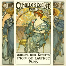 promotional posters for Cthulu's debut show in Paris, 19th century, art noveau, fin de siecle, Toulouse Lautrec, absinthe