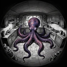 doctor strange, dark palette cyberpunk, fisheye spiral lines, naive, extra narrow, detailed illustration of a kitchen, large floor, octopus shaped by rhads from lorax movie, trending artstation, dark mythic fantasy
