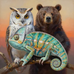 painting of hybrid between owl & chameleon!!! & ( ( ( ( bear ) ) ) ), intercrossed animal, by zdzislaw beksinski, by mattias adolfsson, by tiffany bozic, cold hue's, warm tone gradient background, concept art, beautiful composition, digital painting