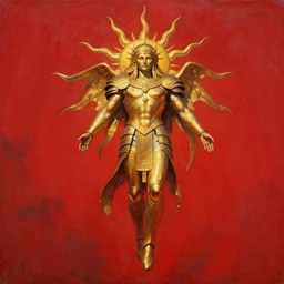 painting of a sun god in golden ancient helios armor floating in the red sky, by beksinski, ruan jia, wayne barlowe, adrian smith fantasy art, dark soul art, trending on artstation