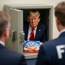 photorealistic depiction of donald trump hiding a box of pop tarts in a safe as the fbi watches over his shoulder