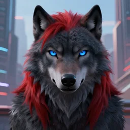 portrait headshot of a male anthropomorphic dark gray wolf, long red hair, blue eyes, in a futuristic city, hyper detailed, digital art, trending in artstation, cinematic lighting, studio quality, smooth render, unreal engine 5 rendered, octane rendered, art style by pixar dreamworks warner bros disney riot games and overwatch.