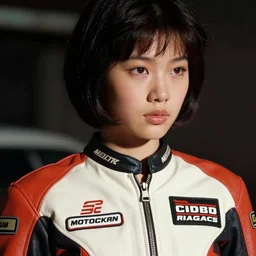 feminine cut, frontiers in flight leather suit, made of sewn together motor racing logos, cosplay fashion, roger deakins, ektachrome, 3 5 mm, extreme closeup 3 / 4, highly detailed : incredibly realistic, youthful asian demure, perfect features, beautiful three point perspective, portrait photo in chiaroscuro style, 1 9 7 0 s