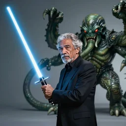 digital art, trending on artstation, morgan freeman holding a lightsaber fighting cthulhu, nice lighting, perfect readability