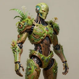 a hyper - detailed fine painting of a synthetic humanoid cyborg hybrid half cybernetic and half made of plants and wood, concept art magical highlight, full color tribal and technologic art