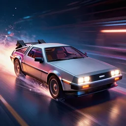 back to the future delorean warp speed, splash art, glowing, ray tracing, hyper detailed