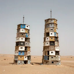 two high towers made up of makeshift squatter shacks in a desert, mamiya, 8 5 mm, fine details, photographed by trent parke
