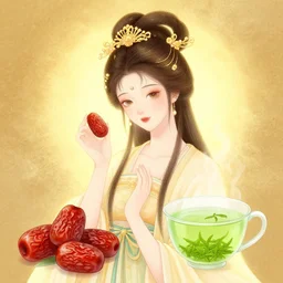 photo of a art anthropomorphic beautiful goddess with golden glow background, drawing, intricate, sweet dried date fruits, green tea leaves, symmetrical front, by amy leibowitz, wlop, jeremy lipkin, beeple, intricate, artgerm, ilya kuvshinov, golden clouds background, centered, concept art