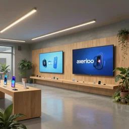 2 0 3 0 s flagship retail interior. experience. telco digital screens phones. wood, polished concrete, neon, ceiling spots. plants. samsung microsoft apple nike adidas tesla muted colors!!!!!!!!!! ( ( ( ( ( ( ( ( ( ( digital painting by studio ghibli hayao miyazaki ) ) ) ) ) ) ) ) ) )