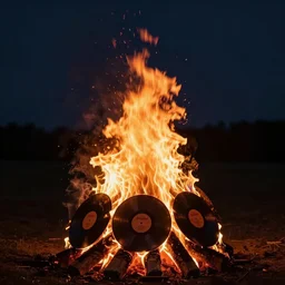 a brooding photo of a bonfire at night, pyre, 4 5 vinyl records in the flames