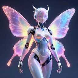 beautiful cybernetic fairy robot with glossy plastic skin, neon gradient color explosions, incredible digital art, octane render 1 6 k, volumetric lighting, bender, 3 d masterpiece, astonishing light consistency, ultra detailed facial expression of self - consciousness, ai ethics, award - winning digital masterpiece