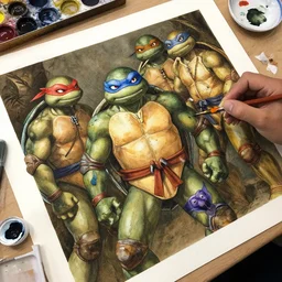 the teenage mutant ninja turtles at a painting class learning how to use water colors, hyper detailed, renaissance, rembrandt