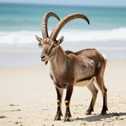 an ibex tanning on the beach with sunglasses