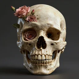 skull, 3 d render ultra detailed, technology vs nature, split in half, falling out of the face, roccoco roses, beautiful natural soft light, unreal engine, octane render, photorealistic by michael komarck, greg rutkowski, victo ngai, artgerm, willem claesz heda and j. dickenson