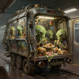 steampunk detail painting of subway garbage car full of aliens eating old food, deep displacement, back light, reflections, raytracing, raymarching, subsurface scattering, digital art, painted by alan lee