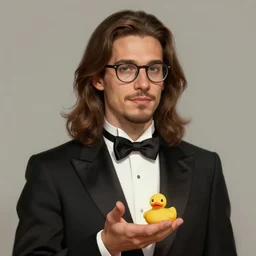 a beautiful chad german guy with very long brownish! hair, with glasses and short stubble! goatee on a tuxedo holding a rubber duck!, trade offer meme, digital painting, concept art, matte - n 9