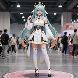 Photorealistic anime art by WLOP and Mobius, Comics convention, a girl dressed up as a fantasy priestess poses for the camera, smiling, distant shot, full body shot, highly detailed