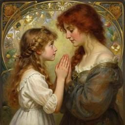 young girl saying goodbye to her mother, highly detailed, digital painting, artstation, concept art, sharp focus, illustration, art by alex ross and greg rutkowski and alphonse mucha