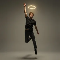 young male, halo, raising his arm, mid air, greg rutkowski