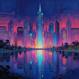 a digital painting of a cyberpunk city at night surrounded by a glistening lake by stephan martiniere, cgsociety, utopian art, art deco, saturated, hyper colorful