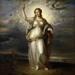 virtuous Celtic lady standing under the logos scorn firmament realistic painting, classical painting