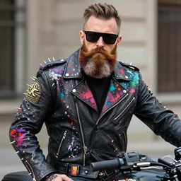 a photo of a bearded biker wearing sunglasses punk spiked leather jacket jacket, multi colored paint splatter, 8 k, very detailed