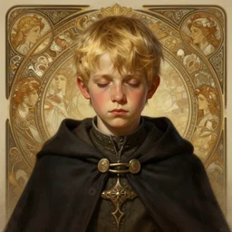 portrait of a halfling boy, tired eyes, street rat, blonde hair,, wearing a dark cloak, intricate, elegant, highly detailed, my rendition, digital painting, artstation, concept art, smooth, sharp focus, illustration, art by artgerm, greg rutkowski and alphonse mucha and uang guangjian, gil elvgren and sachin teng and wlop, symmetry