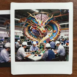 color polaroid photo of many engineers working inside a workshop where dragons!!!!!!!!!!!!!!!!!!!!!!!! are manufactured, cerebral interior by moebius in the style of jean giraud