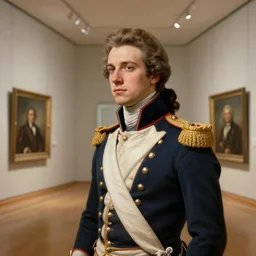 museum painting, wide - shot, photo of young yves saint - laurent in the age of 2 1, light brown hair!!! gathered in ponytail!!, dressed in 1 8 th century uniform of russian empire, sharp focus, highly detailed, digital art, oil painting, masterpiece, artgerm, kiprensky, rutkowski