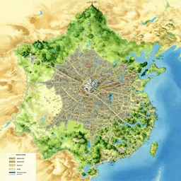 treasure map of a realm with many cities, forests, desert, lakes, illustration by makoto shinkai and moebius and jean giraud