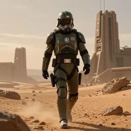 star wars concept art by greg rutkowski, galactic alliance soldier in olive green and black tactical gear, advancing through a desert landscape, with brutalist structures in the background, cinematic sunset lighting, dramatic atmosphere, artstation hq.