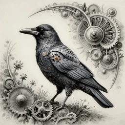 artistic drawing of a crow, made of engrenage, surrealism by roger dean and andrew ferez, art forms of nature by ernst haeckel, divine chaos engine, symbolist, visionary, art nouveau, botanical fractal structures, organic, detailed, realistic, surreality